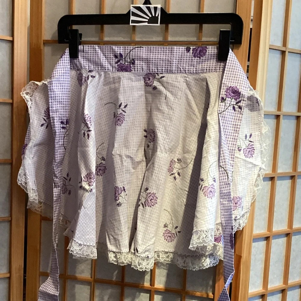 Vintage Handmade Purple Floral and Gingham Half Apron with White Lace Trim